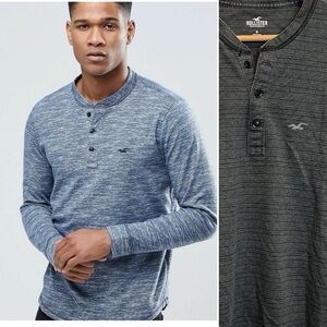 Hollister Men’s Long Sleeve Henley Tee Micro Stripes Grey